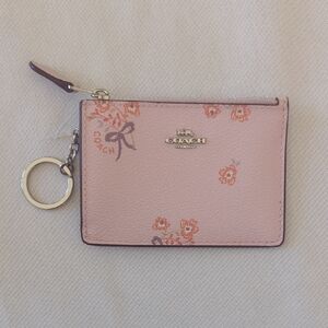 COACH Pink Floral Leather Key & Card Holder with Keyring